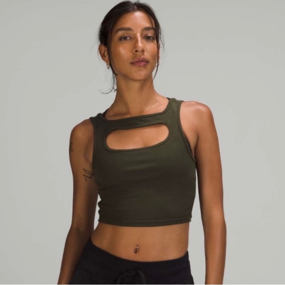 lululemon LA front cut out crop tank dark olive